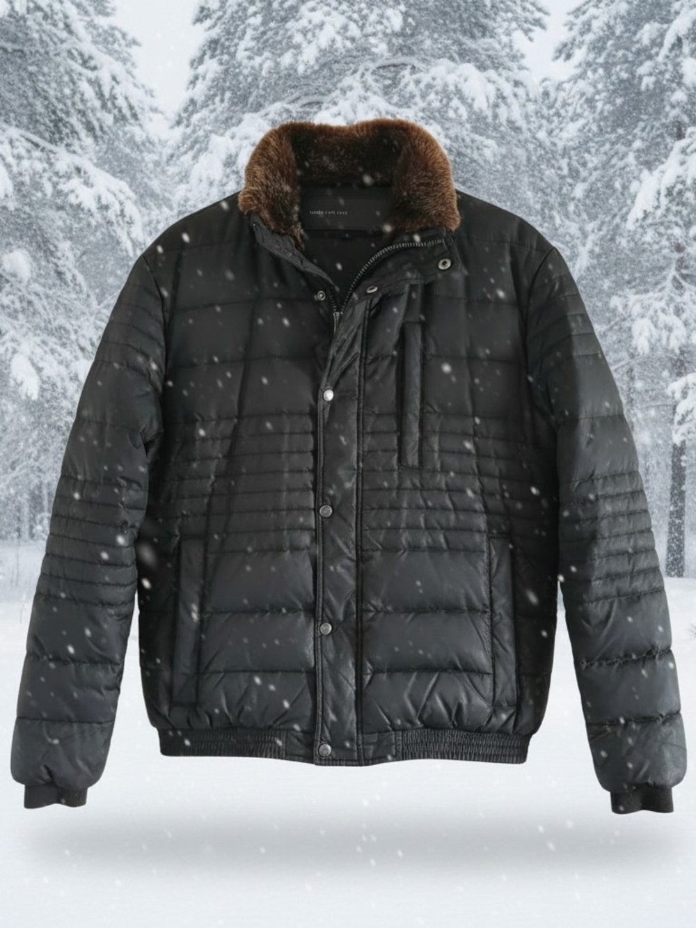 Marc New York,  Men's Black Quilted Puffer Jacket with Brown Faux-Fur Collar